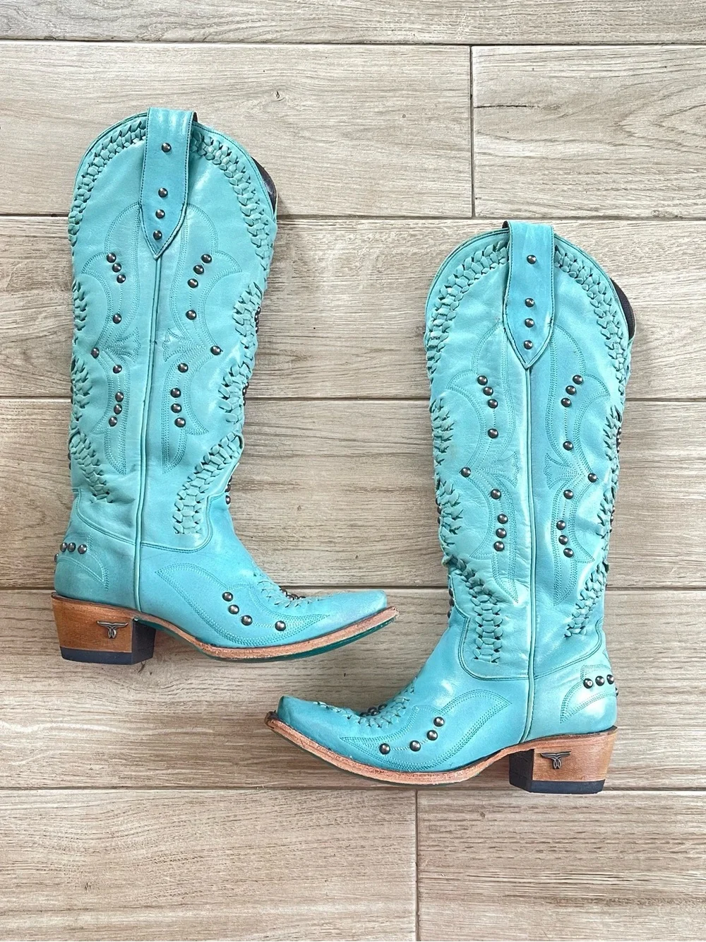 Lane Cossette Turquoise Tall Western Braided Studded Snip Toe Boots